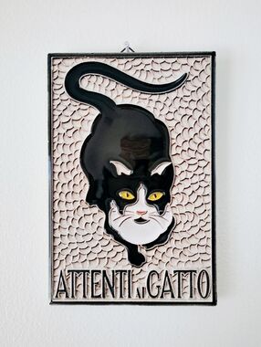 Italian Ceramic Tile "Attenti Al Gatto" or "Beware of the Cat" Luciano Creations